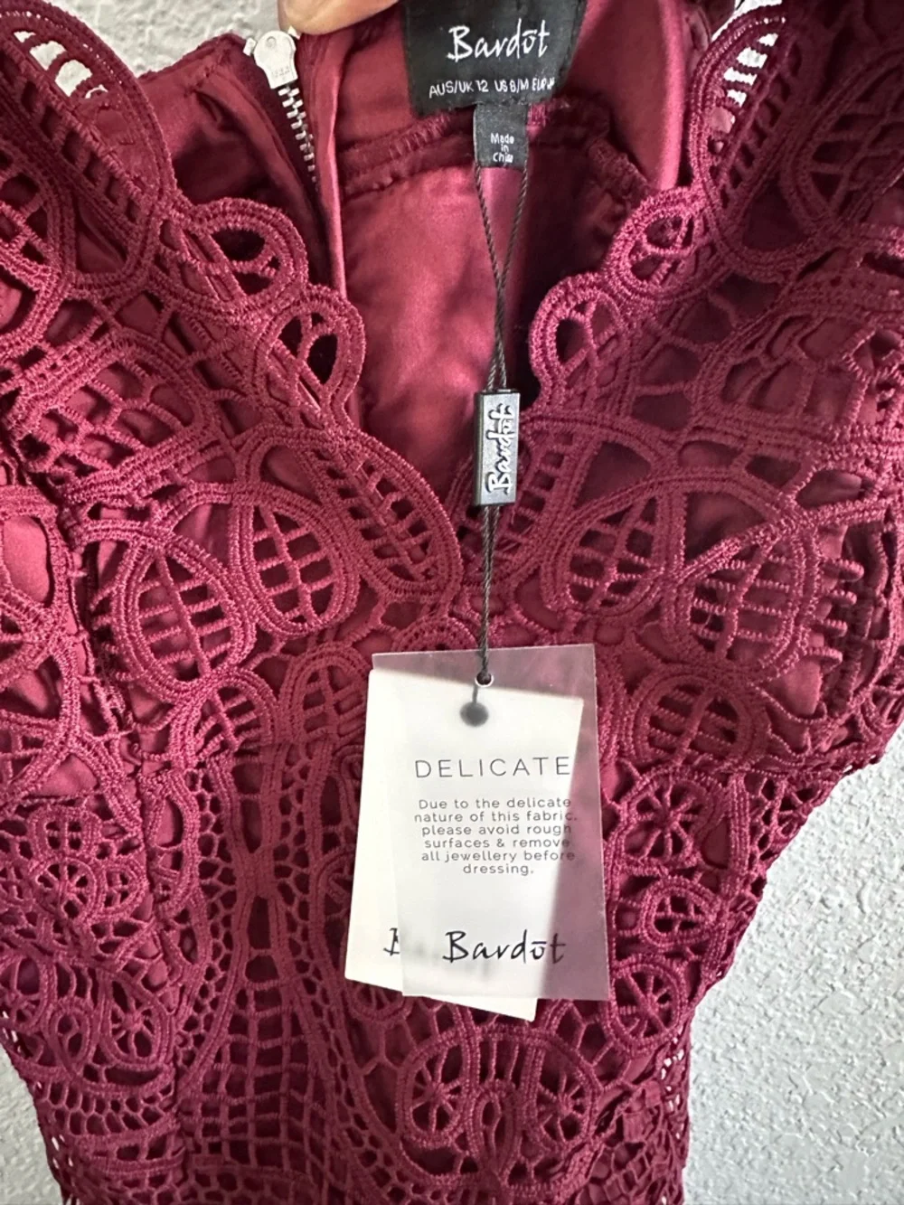 Bardot Versailles Burgundy Crochet Lace Cocktail Dress NWT Size 8 - Picture 13 of 13